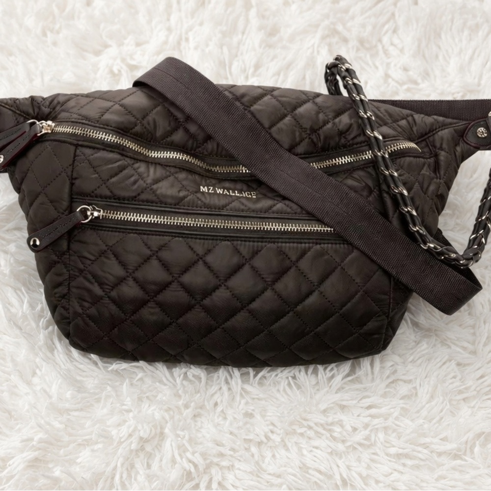 MZ Wallace Black Quilted Crossbody Belt Bag Grey with Gold Hardware